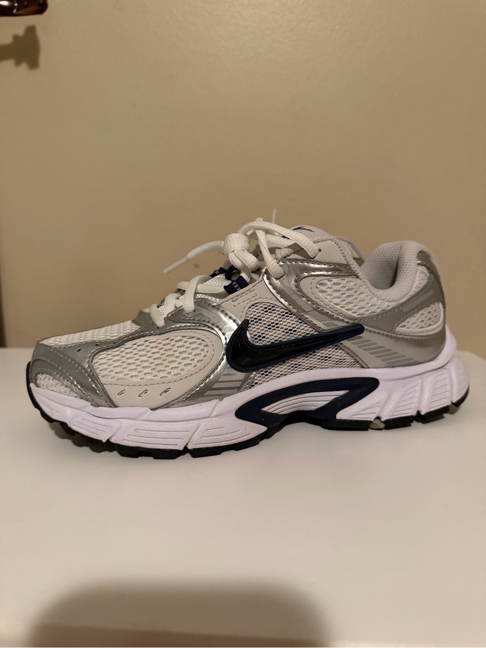 Nike White Silver Running Shoe with Navy Swoosh